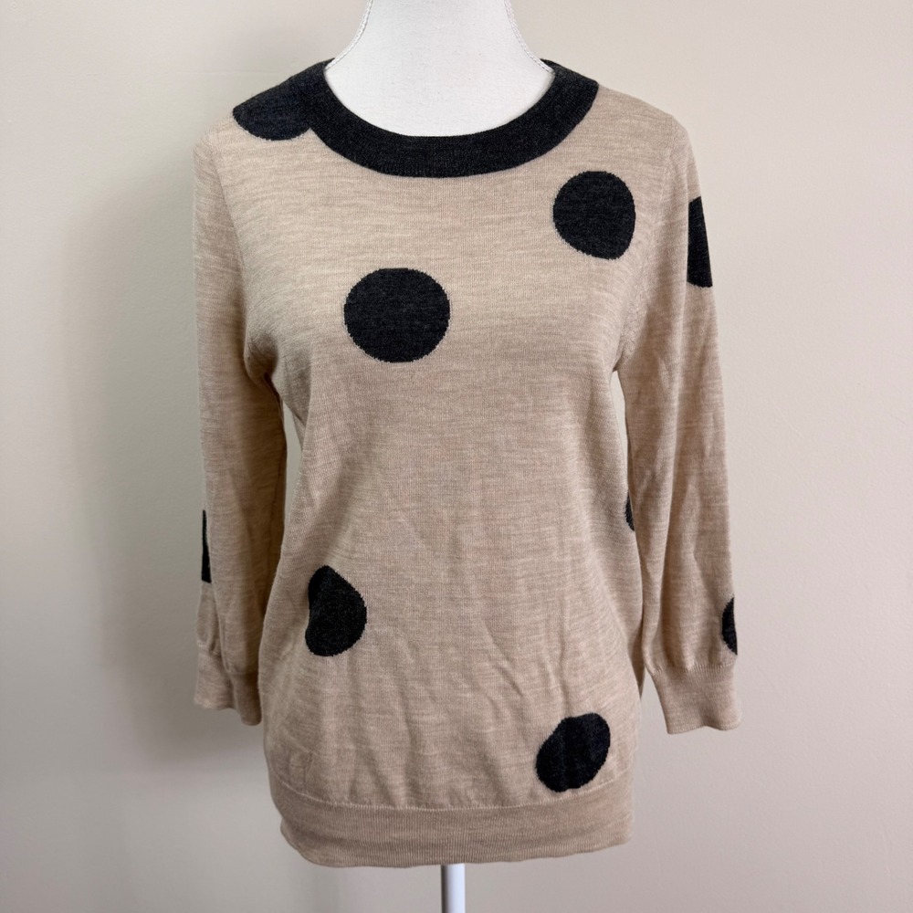 J. Crew Merino Wool Polka Dot Crewneck Sweater Beige Charcoal Grey Size Medium